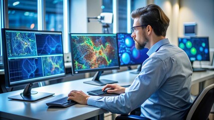 Человек сидит в офисе и работает за компьютером, изображение выводится на монитор