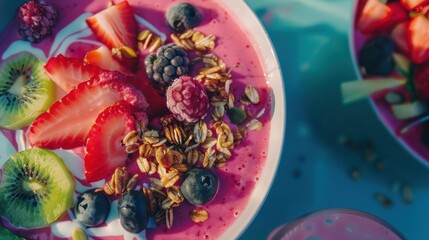 Naklejka premium Pink smoothie bowl is presented on a blue table, containing granola, strawberries, blueberries, kiwi, and blackberries, topped with yogurt