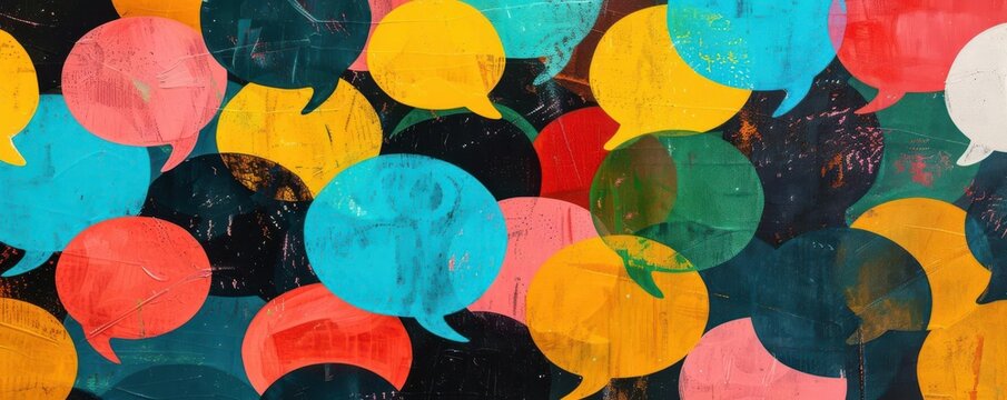 A collage of colorful overlapping speech bubbles illustrating the complexity and vibrancy of modern communication.