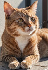  A photo of a cat basking in the sun with a contented expression. 