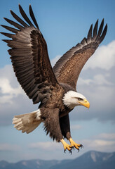  A majestic eagle soaring through the sky with a determined look. 
