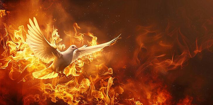 A winged dove in flames representing the holy spirit of the new testament, often used as a religious symbol in Christian culture and art.