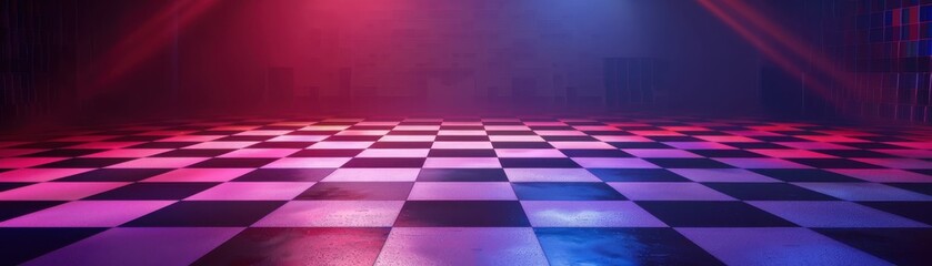 Geometric patterned dance floor, dynamic motion blur, studio lighting, realistic background, high...