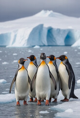  A family of penguins waddling across the icy Antarctic landscape. 