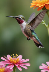 Fototapeta premium A close-up of a hummingbird hovering in mid-air, feeding from a bright flower in a garden. 