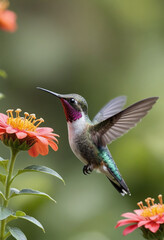Fototapeta premium A close-up of a hummingbird hovering in mid-air, feeding from a bright flower in a garden. 