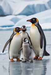 Fototapeta premium A family of penguins waddling across the icy Antarctic landscape. 
