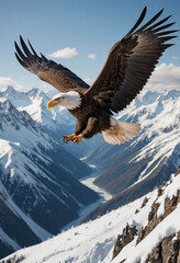  A photorealistic image of a majestic bald eagle soaring above snow-capped mountains. 