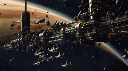 A massive space station orbiting a distant gas giant, with various spacecraft docked and undocked.