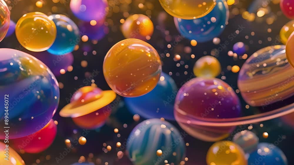 Poster a playful and imaginative scene of brightly colored inflatable planets bouncing and floating through