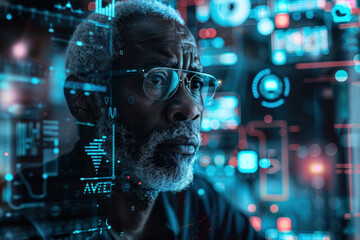 Senior Man Reflecting with Futuristic Digital Interface at Night