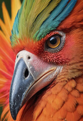  A close-up of a bird's colorful beak and vibrant feathers. 