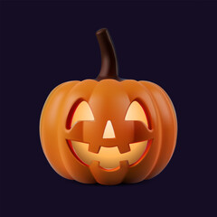 Halloween pumpkin 3d render on purple background. Glowing light of candle is eyes, cute smiling carved smile, realistic autumn jack lantern illustration. Thanksgiving monster creepy fear emoji decor.