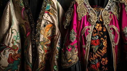 Opera costumes with intricate embroidery, dramatic colors, realistic studio lighting, highresolution background