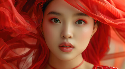 Vietnamese girl in a red dress with a red veil. Generative AI.