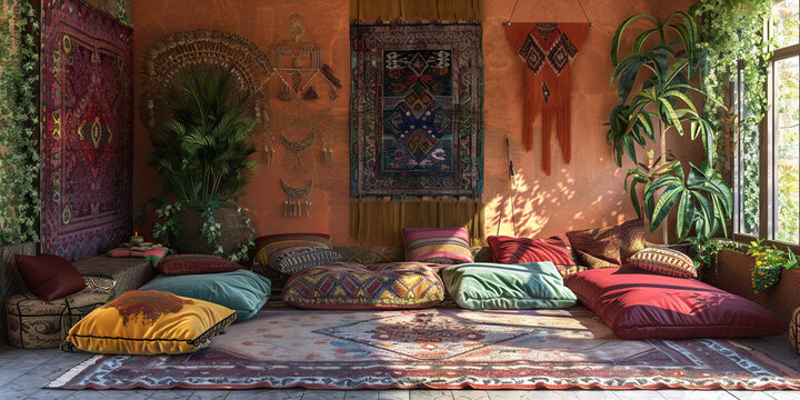 Bohemian Oasis Retreat: A Moroccan rug, macramé wall hanging, and colorful throw pillows invite you to unwind in this bohemian haven