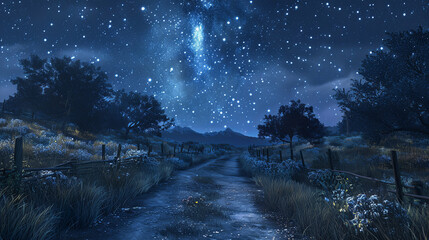 Starry night sky over tranquil rural landscape with mountains peaceful cosmic scenery