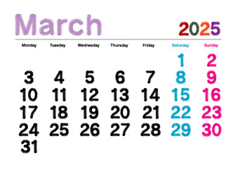 2025年3月の刺繍文字風カレンダー月曜始まり日本の祝日表記無し
