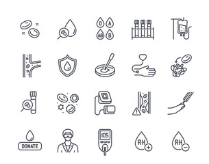 Hematology line icons set. Symbols with donation, blood test, erythrocyte and hemoglobin. Editable stroke. Medicine and healthcare. Outline vector illustration collection isolated on white background