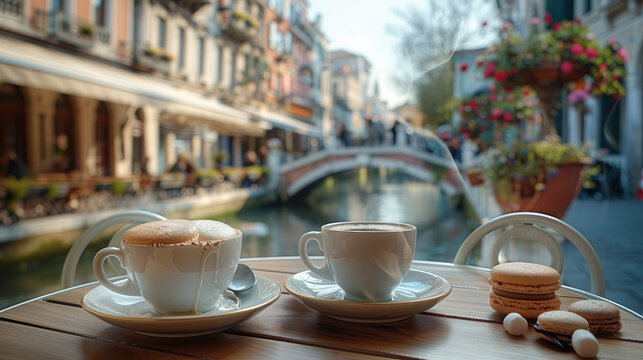 Coffee shop in an open terrace, 2 cups of coffee with gentle steam on the table, Next to the cup, place some appetizing macarons and marshmallows. Generative AI.