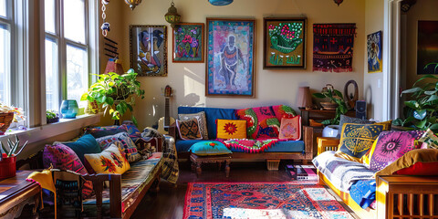 Vibrant Global Living: Colorful artwork, patterned textiles, and international accents bring the world home in this unique living space.