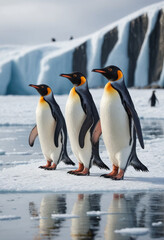  A group of penguins waddling across an icy landscape. 