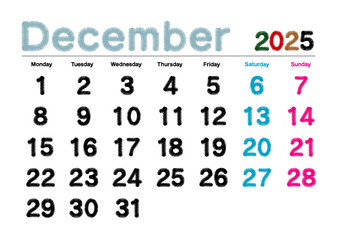 2025年12月の刺繍文字風カレンダー月曜始まり共通
