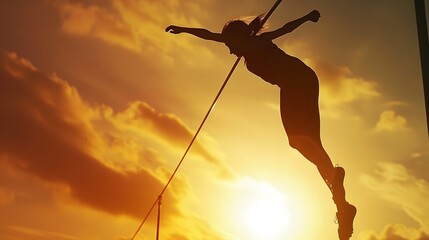 High jump, woman and fitness with exercise, sport and athlete in a competition outdoor. Jumping, workout and training for performance with action, energy and contest with female person and athletics. 