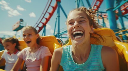 Obraz premium Young girls enjoying the thrill ride on a roller coaster,