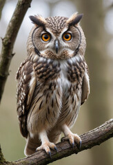 Fototapeta premium A close-up of an owl perched on a branch, with its head swiveling to listen for sounds. 