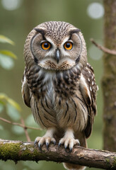 Obraz premium A close-up of an owl perched on a branch, with its head swiveling to listen for sounds. 