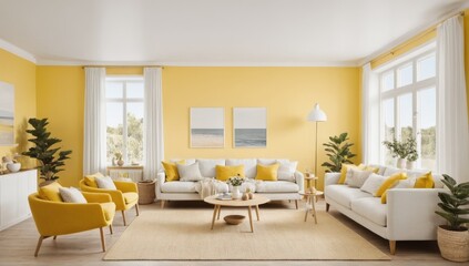 Fototapeta premium Modern comfortable living room interior with green decorative plants and sofa