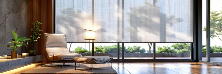 Fototapeta premium Luxurious Modern Villa Interior with Smart Shading: Automated Solar Blinds and Blackout Curtains Overlooking Natural Landscape and City Skyline. Relaxation Chair, Wooden Wall Panels, and Intelligent H