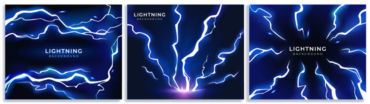 Blue lightning hit effect. Posters set with neon thunderbolt strike, powerful energy flashes and electrical discharges on dark backdrop. Realistic vector illustration collection isolated on background