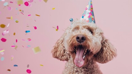 Labradoodle dog in party hat celebrating birthday with confetti