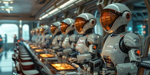 Futuristic restaurant with robot chefs and holographic menus
