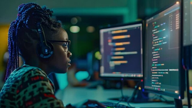 A young black woman with blue braids, wearing headphones, sits in front of two computer monitors, looking at the code displayed on the screen.