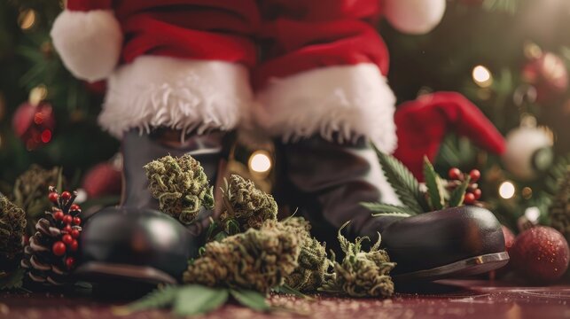 Large festive cannabis cone decoration with 420 marijuana buds close up of Santa s boot and hat