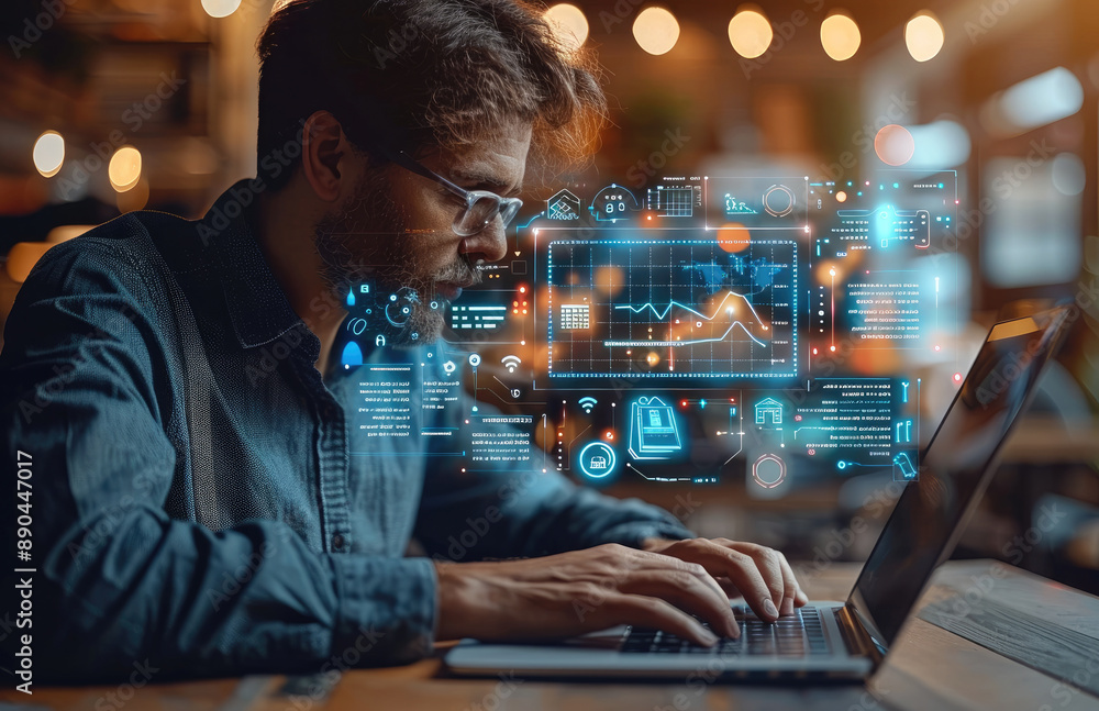 Poster Digital marketing concept with a business man using a laptop computer and graphic icons of digital ads and social media networks on a virtual screen for online advertising technology. Generative AI.