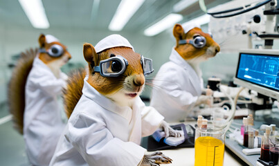 Scientist Squirrel Lab: Squirrels with lab coats and goggles, conducting experiments in a high-tech laboratory, science magazine, innovative and adorable.