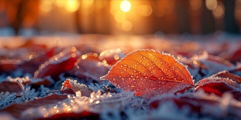 Glistening frost on autumn leaves for First Frost Day, November 10th, shimmering crystals, early morning, crisp air