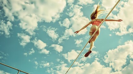 High jump, woman and fitness with exercise, sport and athlete in a competition outdoor. Jumping, workout and training for performance with action, energy and contest with female person and athletics. 