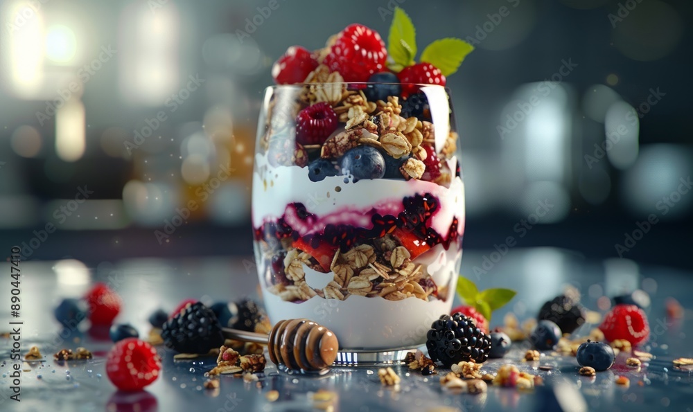 Wall mural greek yogurt parfait with layers of berries, honey, and granola