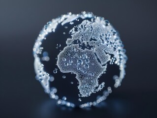 Earth made of intricate water droplets forming continents, showcasing global water unity, high-detail, dark background, bright and reflective highlights