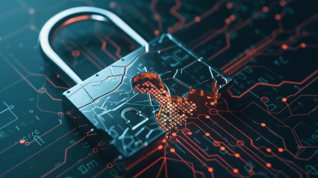 Illustration of a cracked padlock with digital code fragments, highlighting email security vulnerabilities, futuristic design, intense lighting effects
