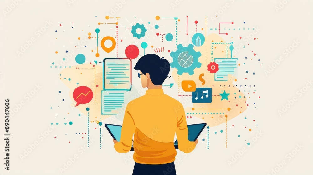 Poster problem analysis, person dissecting a complex issue, flat design illustration