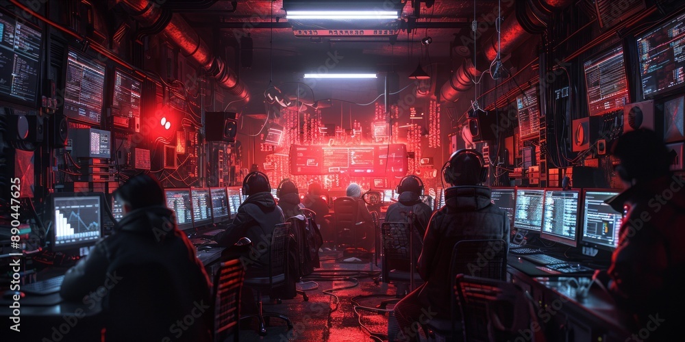 Poster group of hackers in a dark room, computer screens with code, intense atmosphere