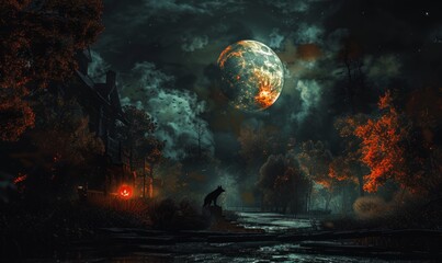 Halloween night with a full moon and a howling wolf, 31st October