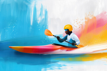 Vibrant abstract illustration of a kayaker in action, ideal for sports events or Olympic games themes.