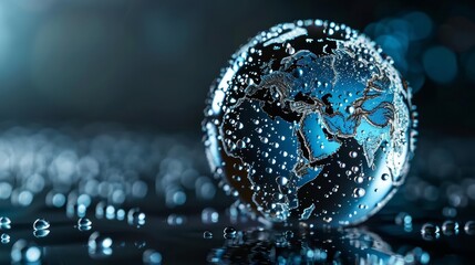 A globe made of shimmering water droplets, highlighting the connection of water resources worldwide, dark ambient background, bright reflections